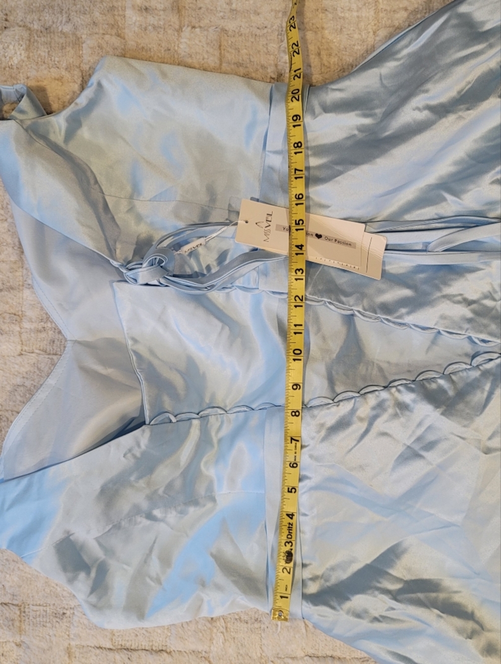 NWT MISS VEIL V Neck Satin Light Blue Gown Corseted Waist Tie Size 16 - Picture 10 of 12